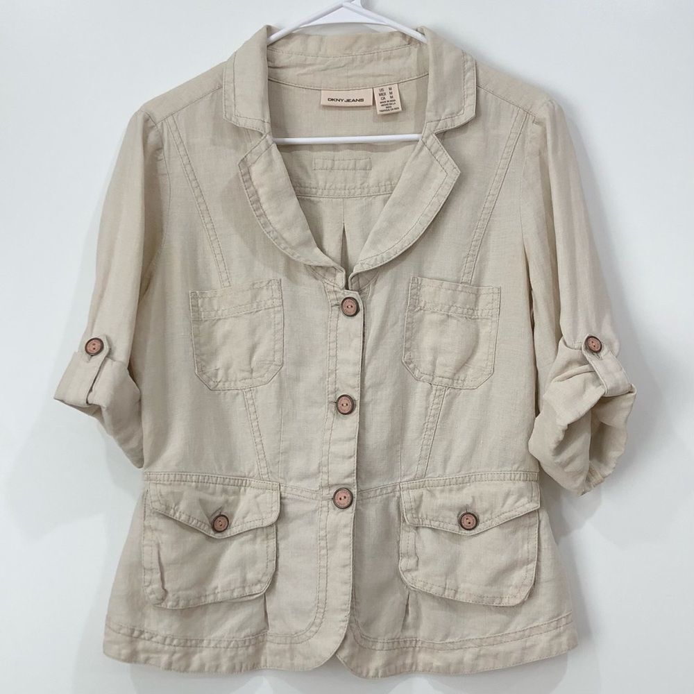 Khaki Vintage Blouse Jacket, Linen, Tan, DKNY Size M